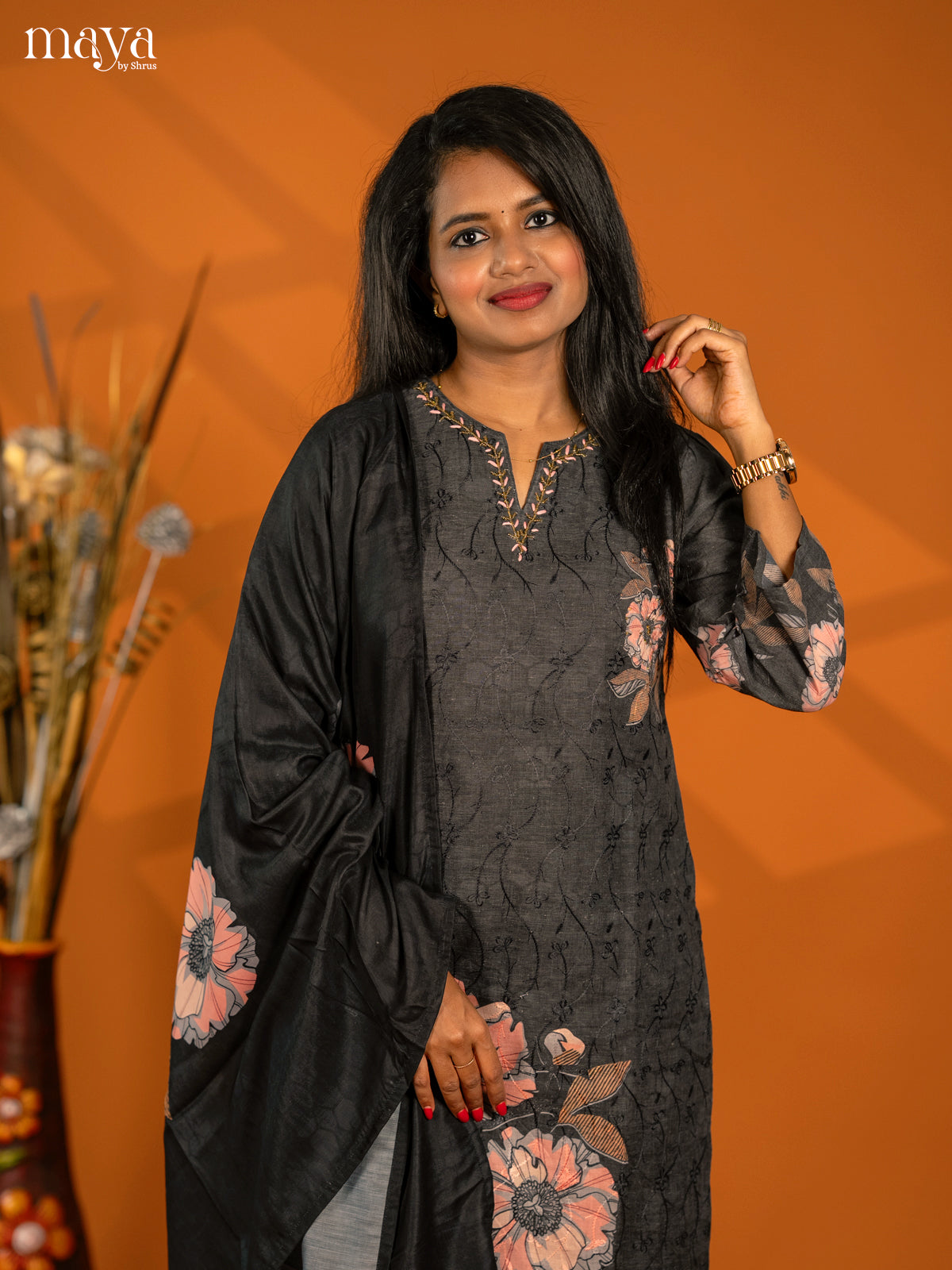 Grey Cotton 3pc Salwar Suit with Chikankari Floral Print - Top, Bottom & Dupatta
