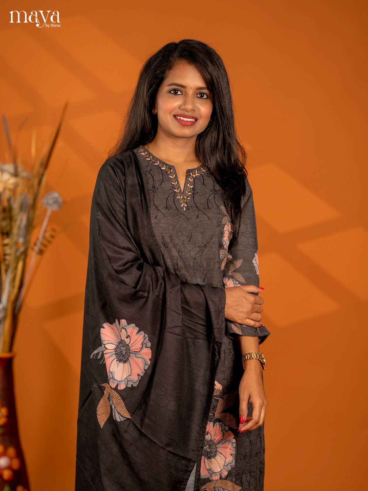 Grey Cotton 3pc Salwar Suit with Chikankari Floral Print - Top, Bottom & Dupatta