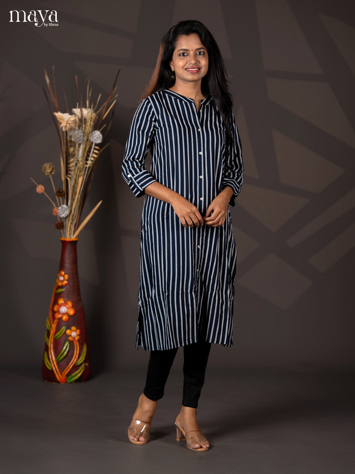 Dark Navy Blue Stripe Printed Rayon A - Line Kurti