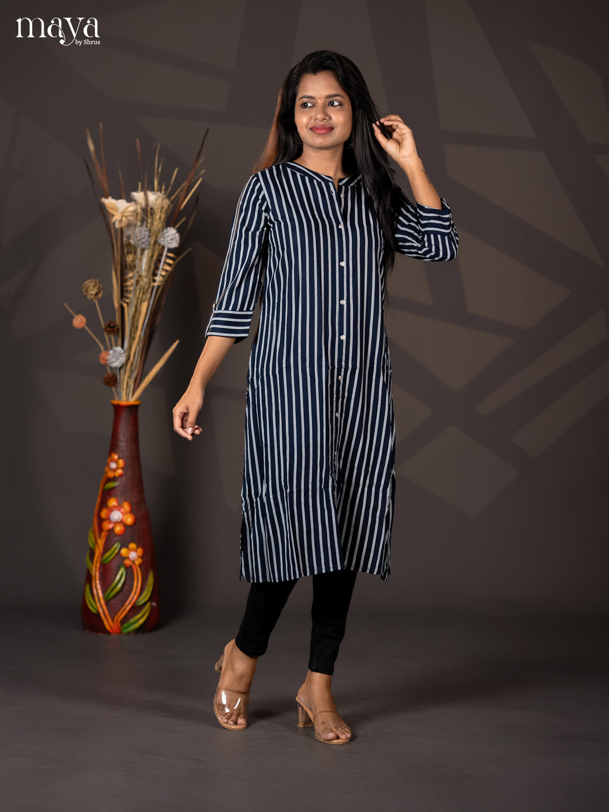 Dark Navy Blue Stripe Printed Rayon A - Line Kurti
