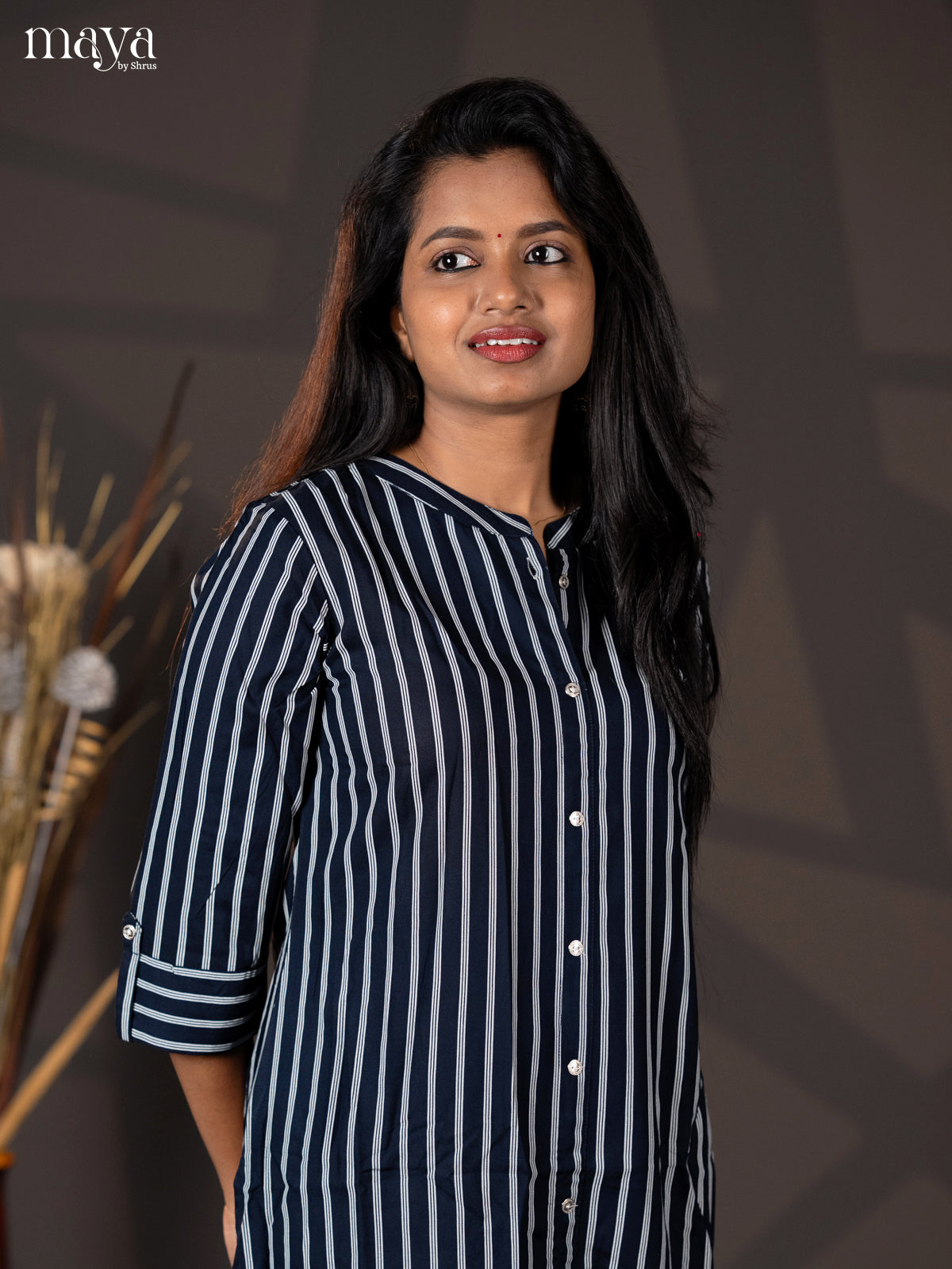 Dark Navy Blue Stripe Printed Rayon A - Line Kurti