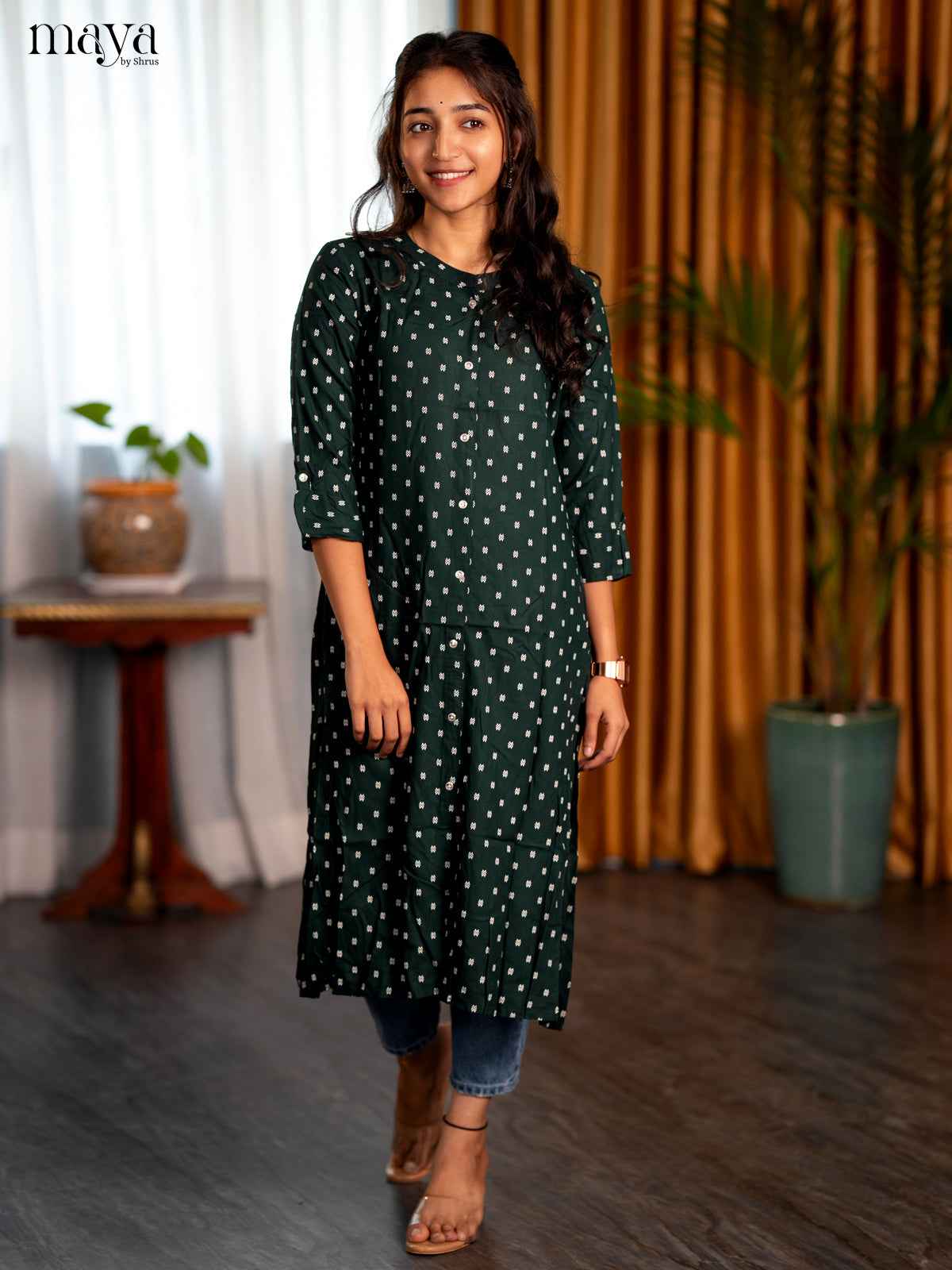 Green Floral Printed Rayon A - Line Kurti