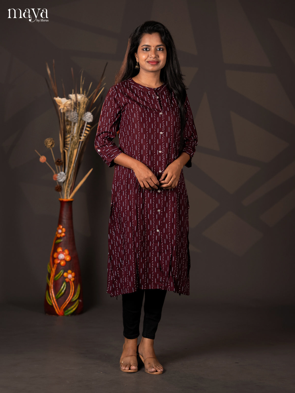 Dark Maroon Geometric Printed Rayon A - Line Kuri