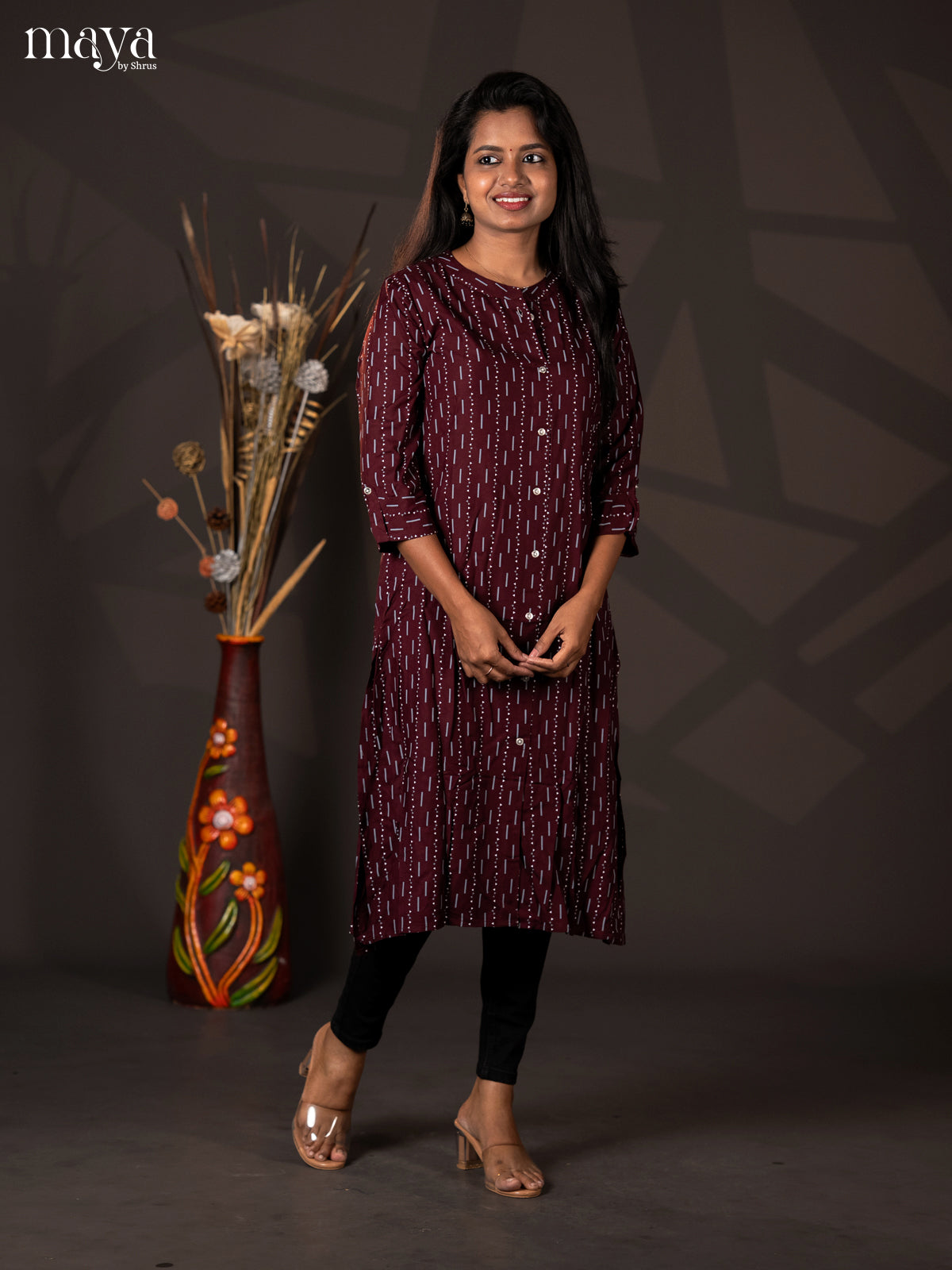 Dark Maroon Geometric Printed Rayon A - Line Kuri