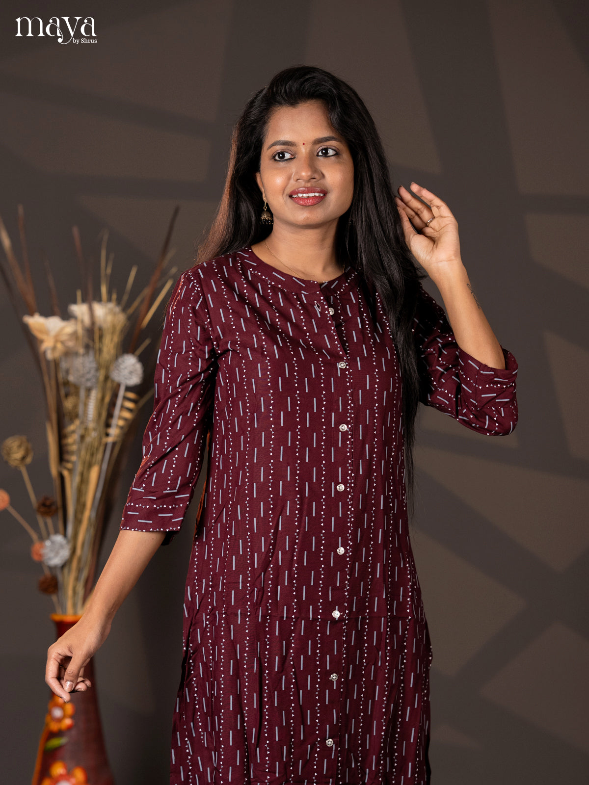 Dark Maroon Geometric Printed Rayon A - Line Kuri