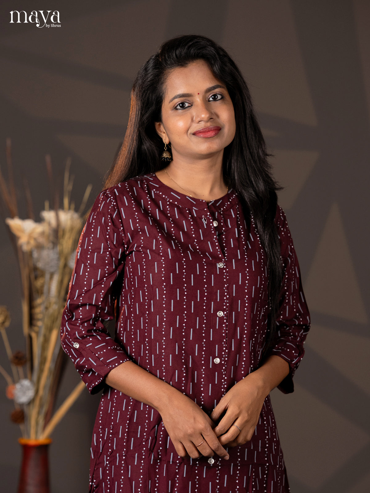 Dark Maroon Geometric Printed Rayon A - Line Kuri