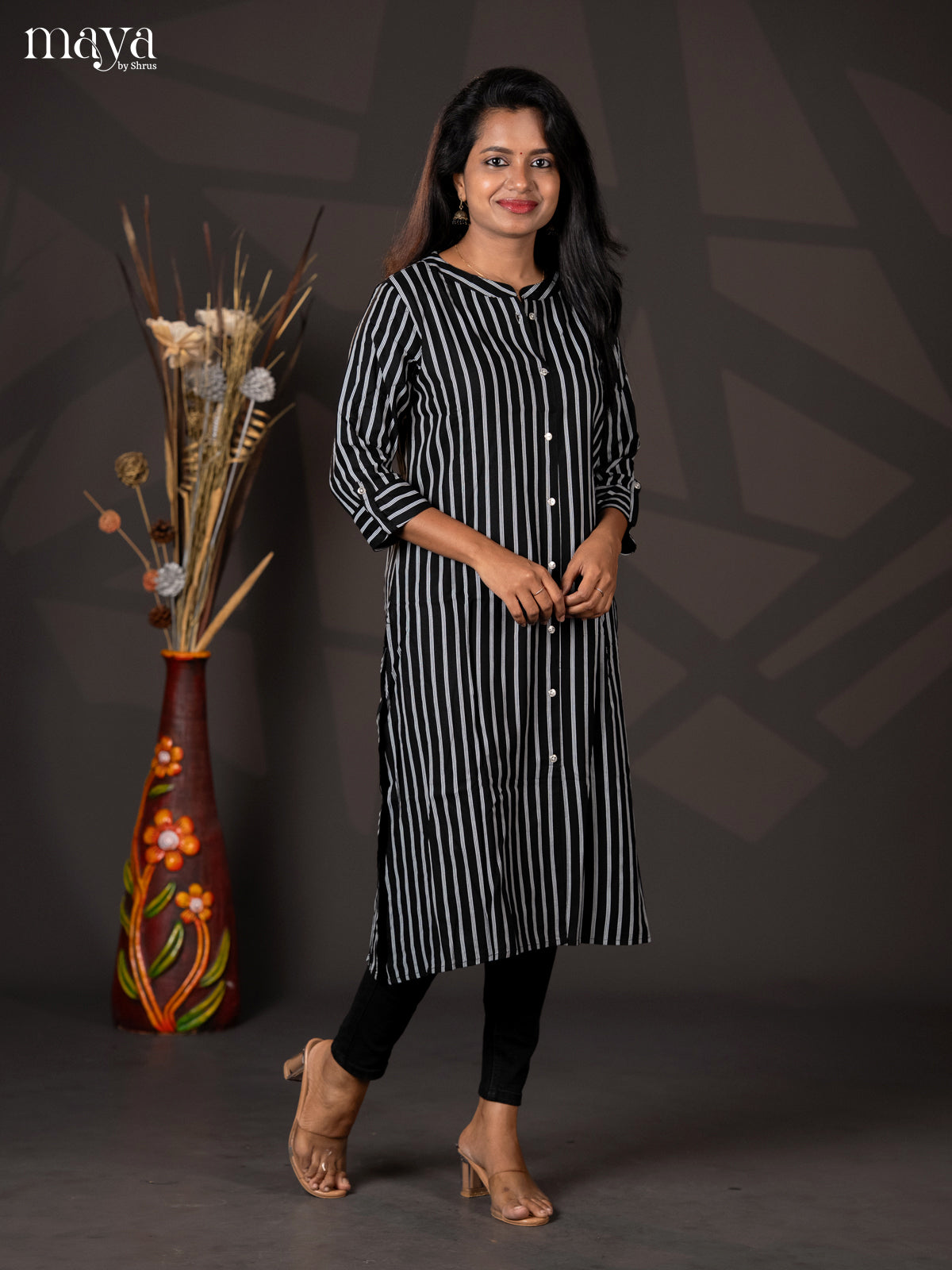Black Stripe Rayon A- Line Kurti