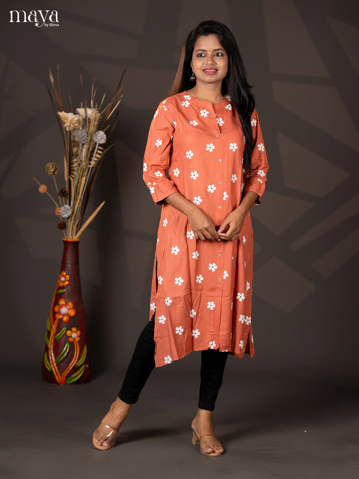 Dusty Orange Floral Printed Rayon A- Line Kurti