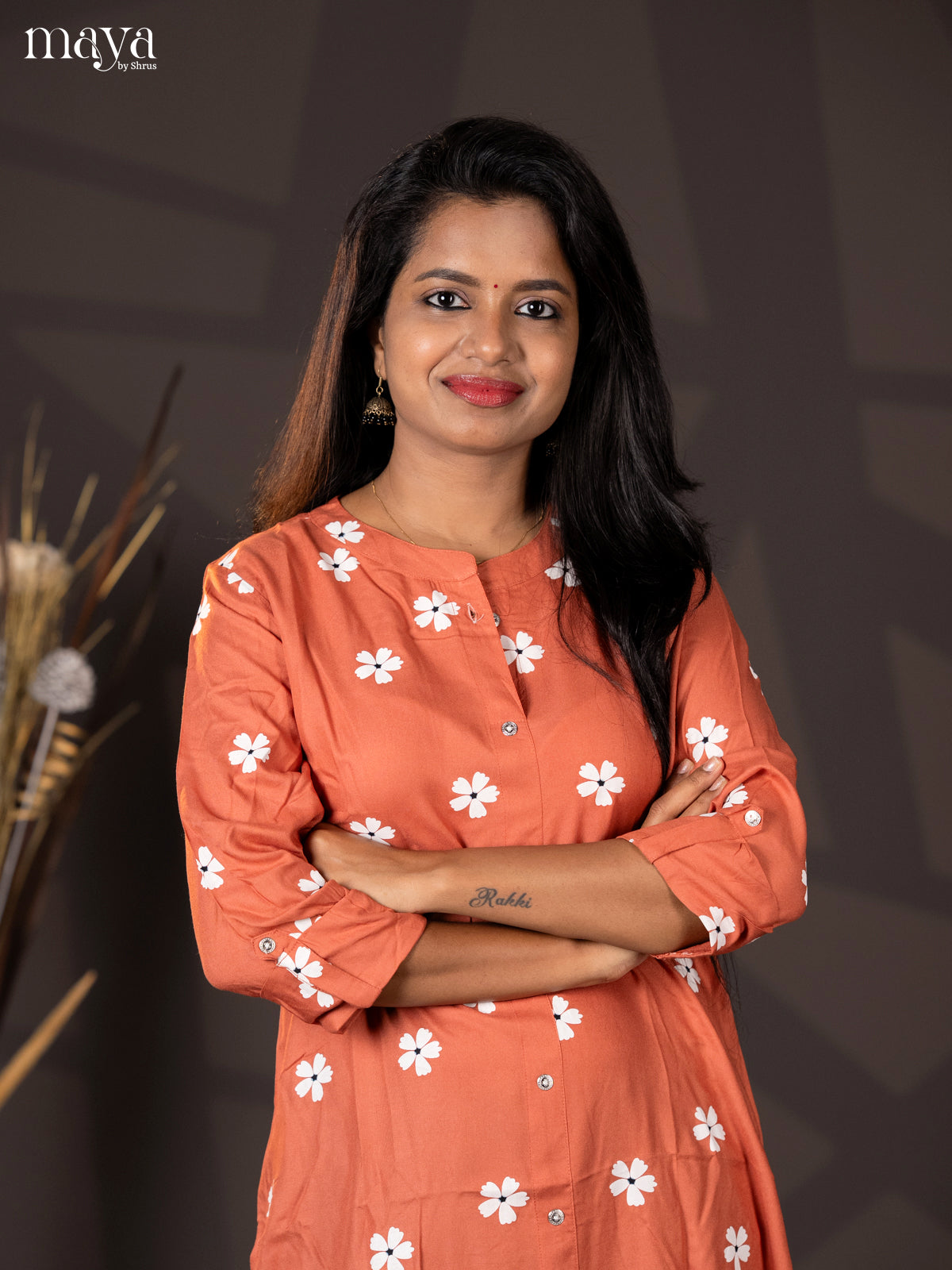 Dusty Orange Floral Printed Rayon A- Line Kurti