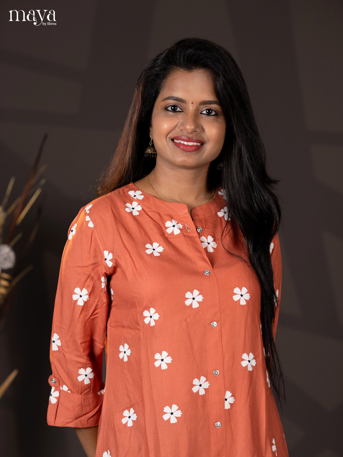 Dusty Orange Floral Printed Rayon A- Line Kurti