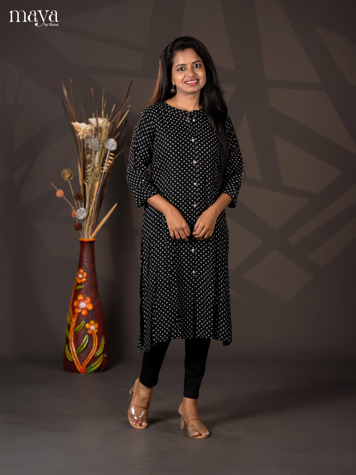 Black Printed Rayon A - Line Kurti