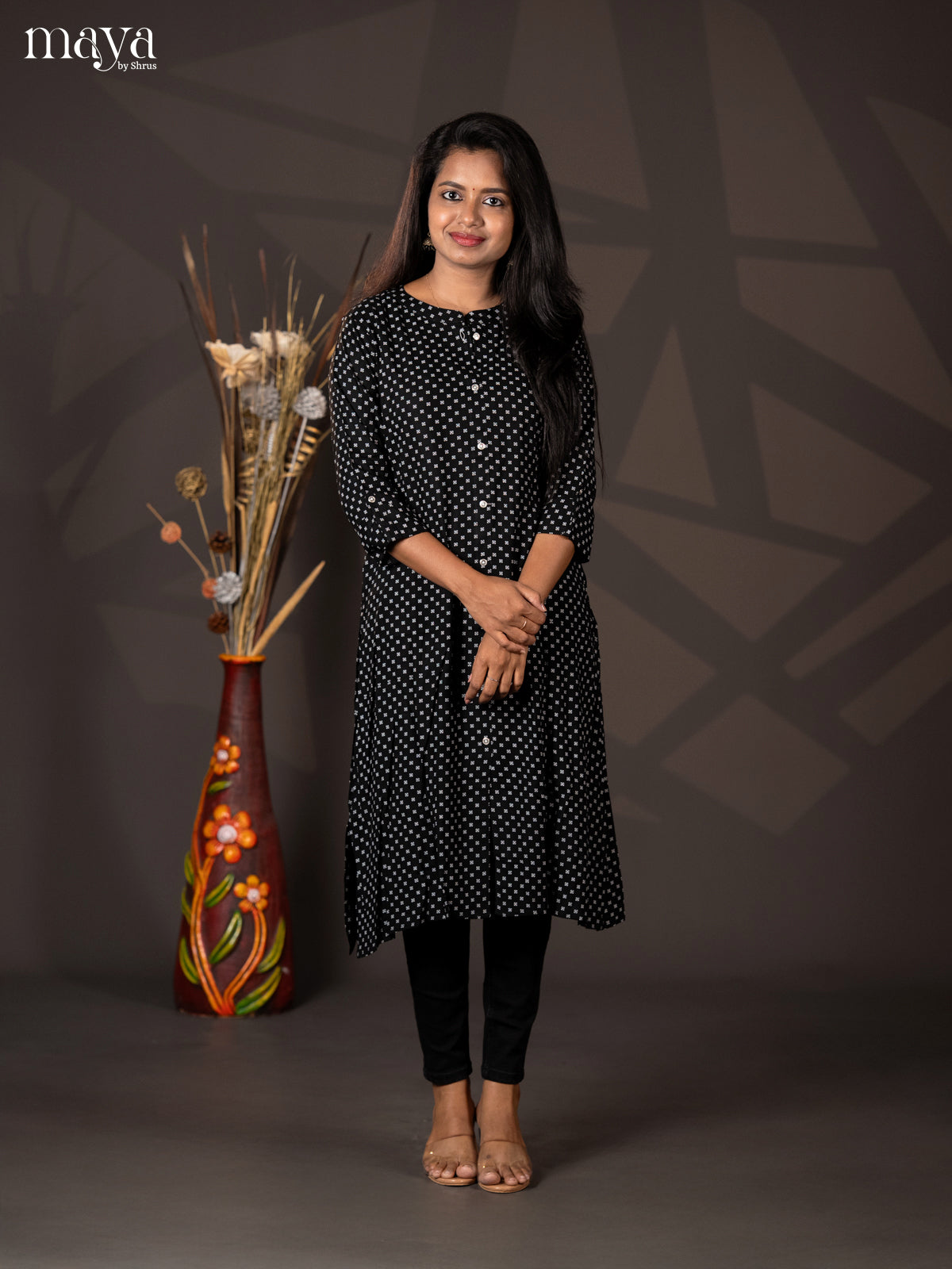 Black Printed Rayon A - Line Kurti