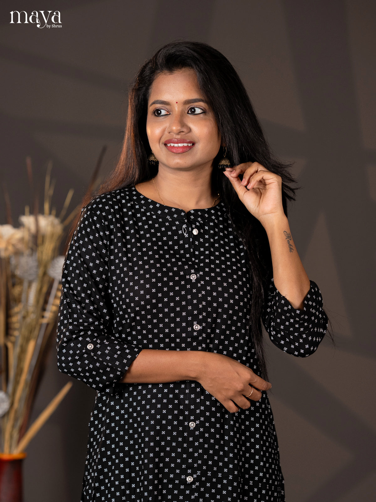 Black Printed Rayon A - Line Kurti