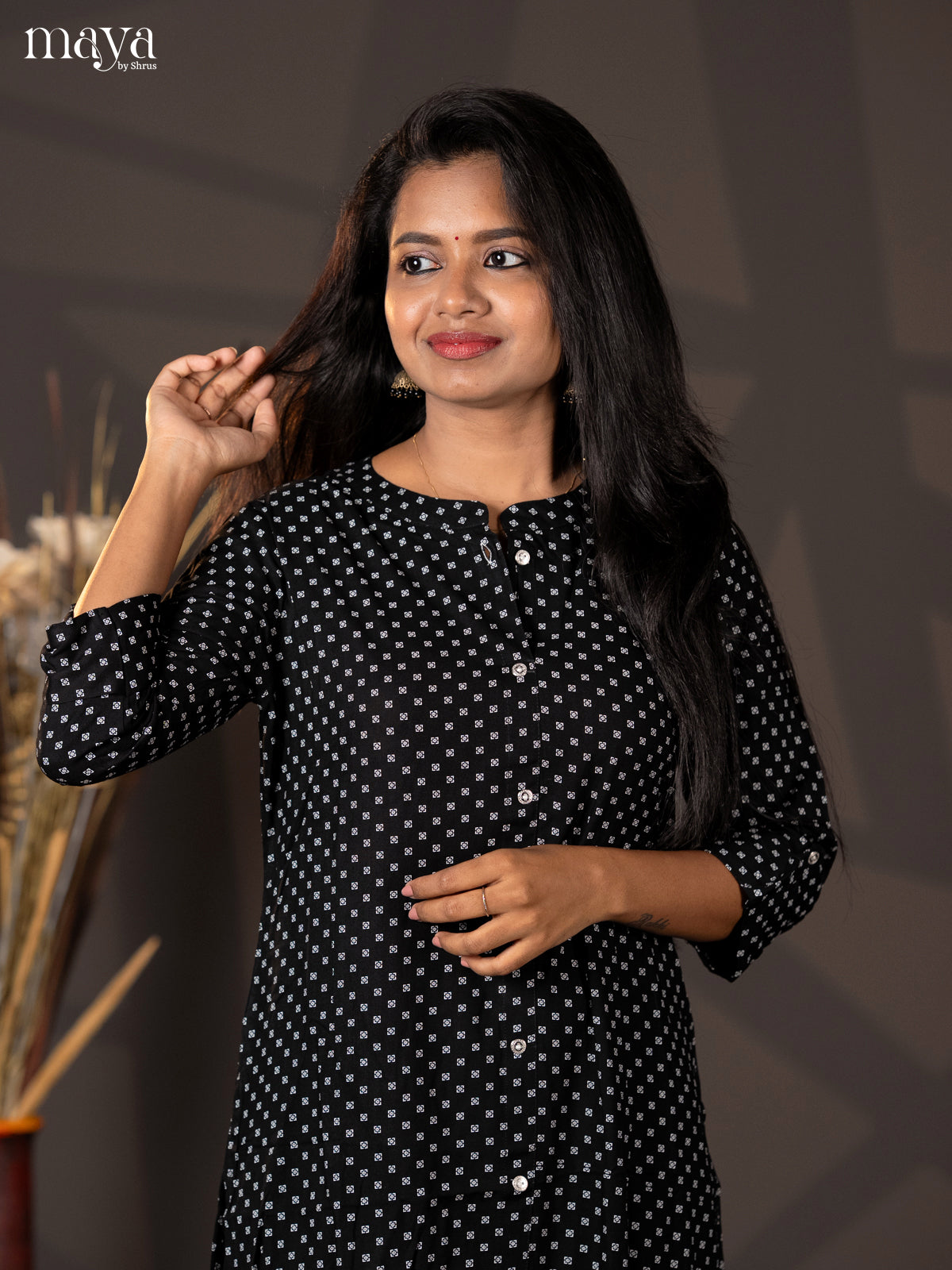Black Printed Rayon A - Line Kurti