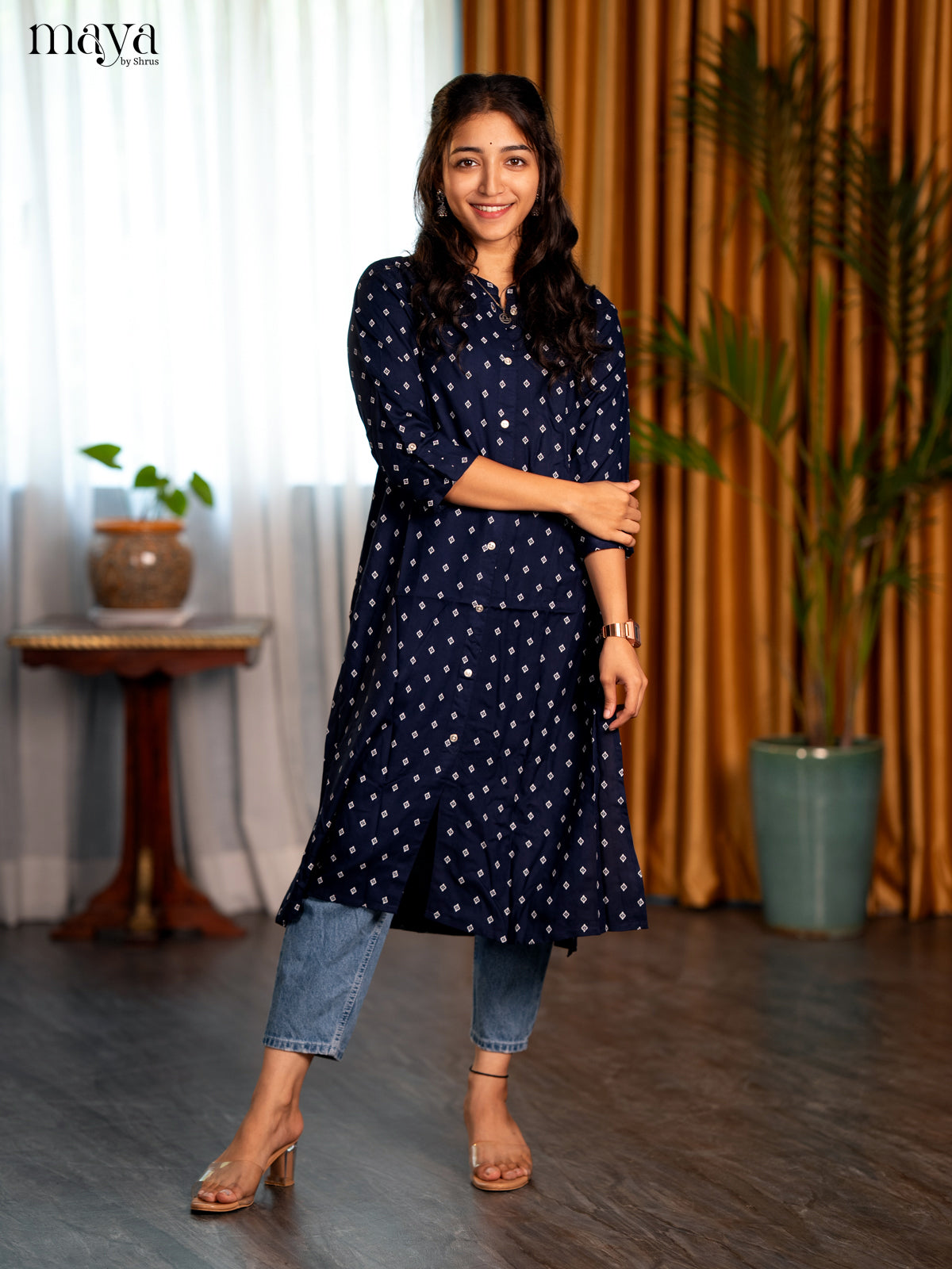 Navy Blue Motif Printed Rayon A - Line Kurti