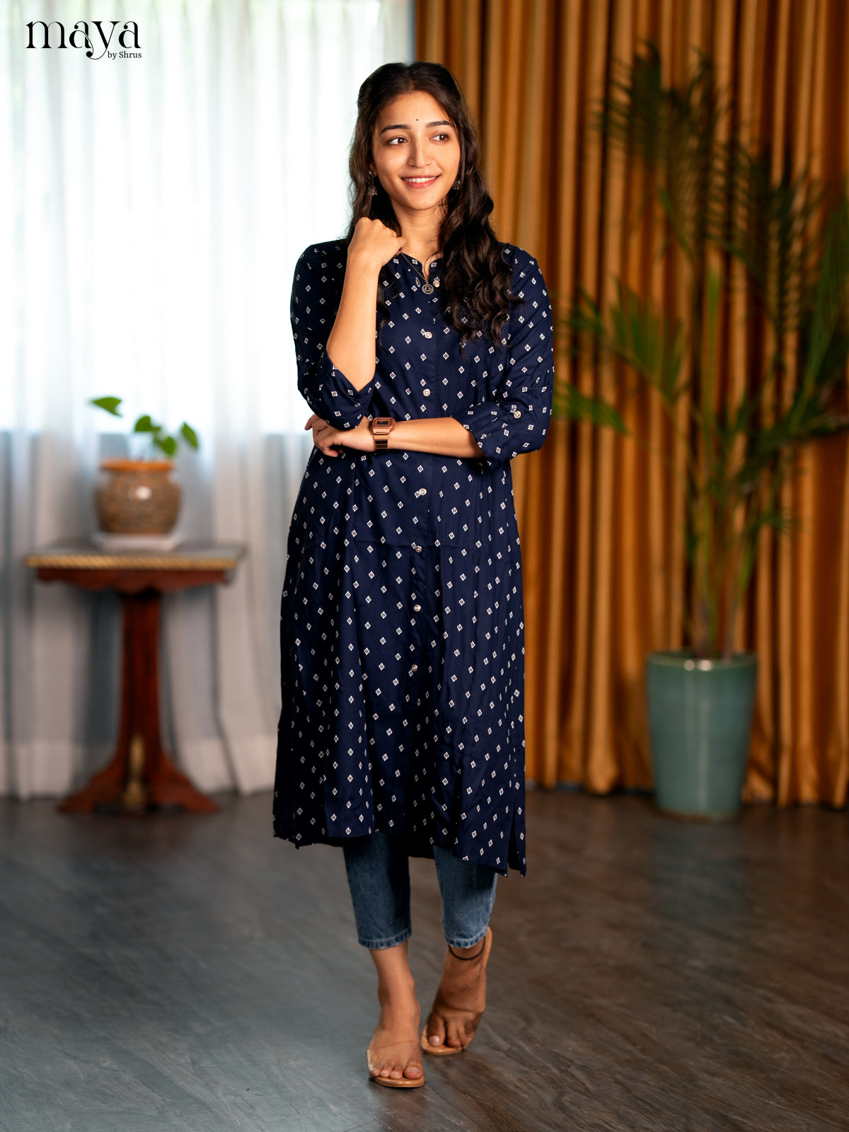 Navy Blue Motif Printed Rayon A - Line Kurti