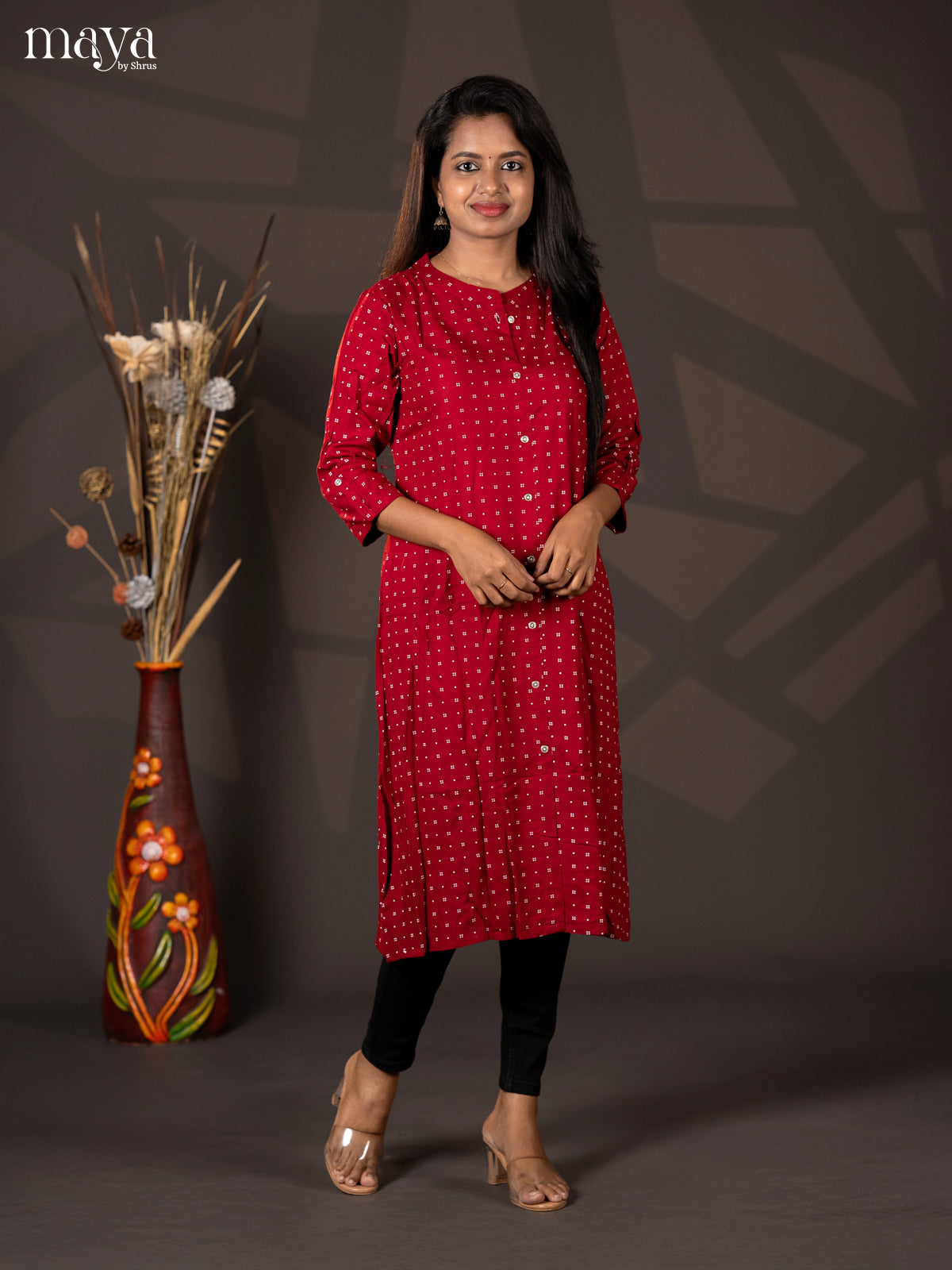 Dark red Printed Rayon A- Line Kurti