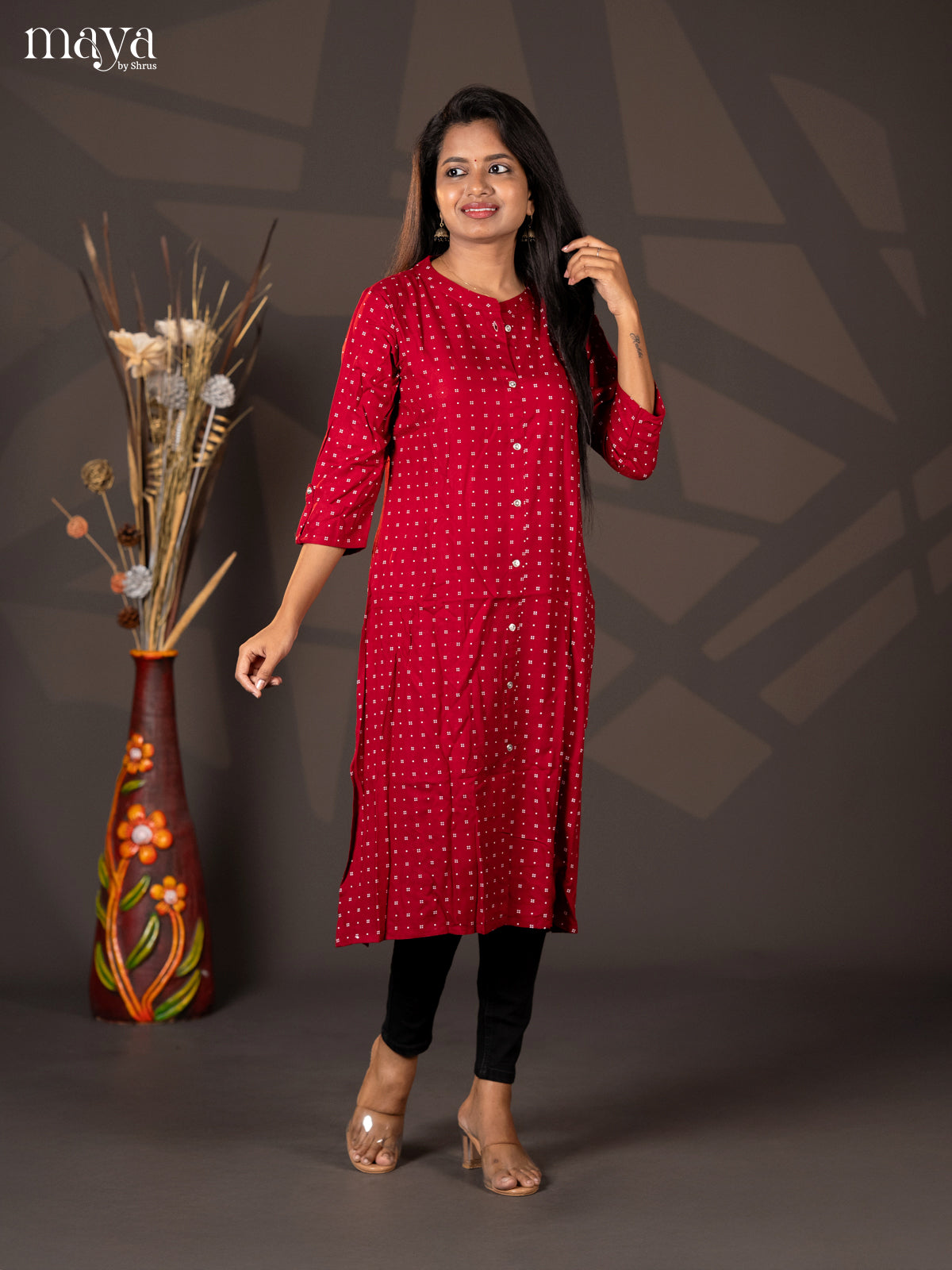 Dark red Printed Rayon A- Line Kurti