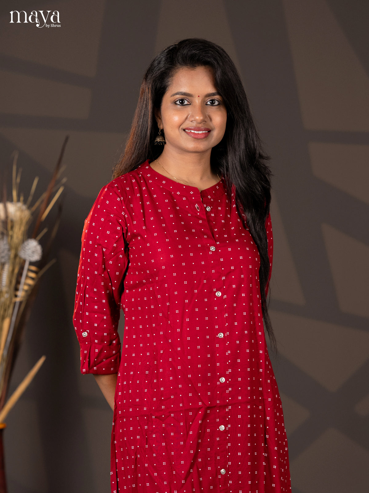 Dark red Printed Rayon A- Line Kurti