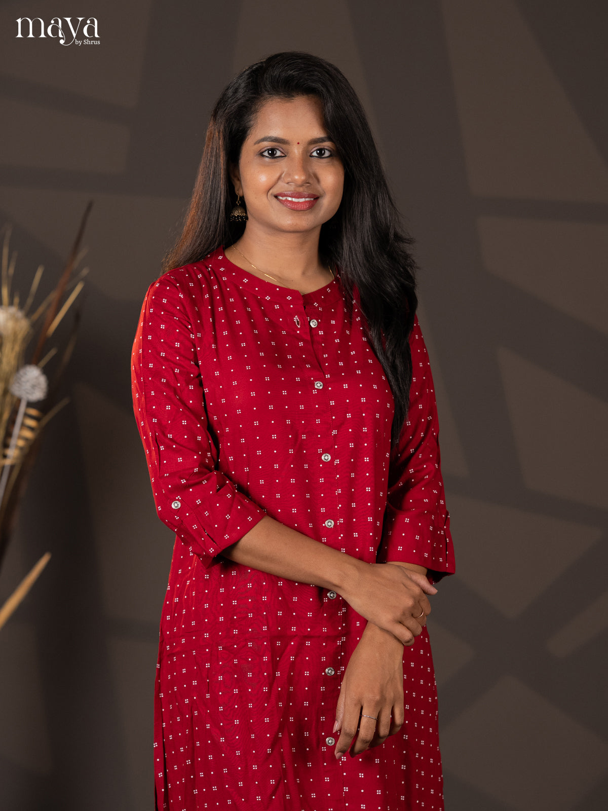Dark red Printed Rayon A- Line Kurti