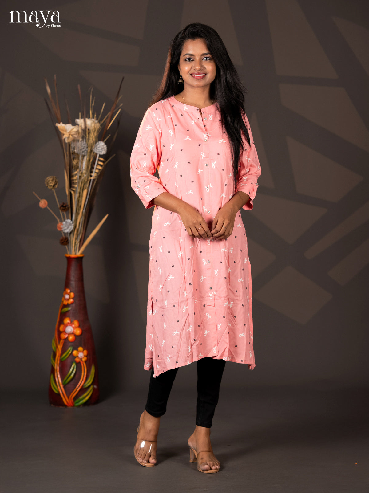 Light Pink Printed Rayon A- Line Kurti