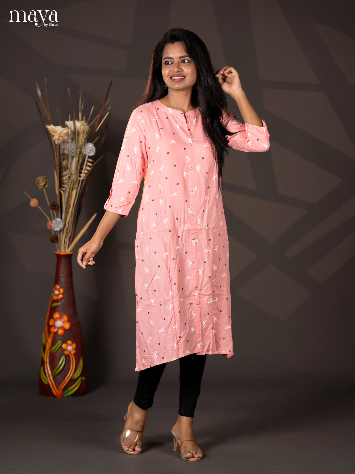 Light Pink Printed Rayon A- Line Kurti