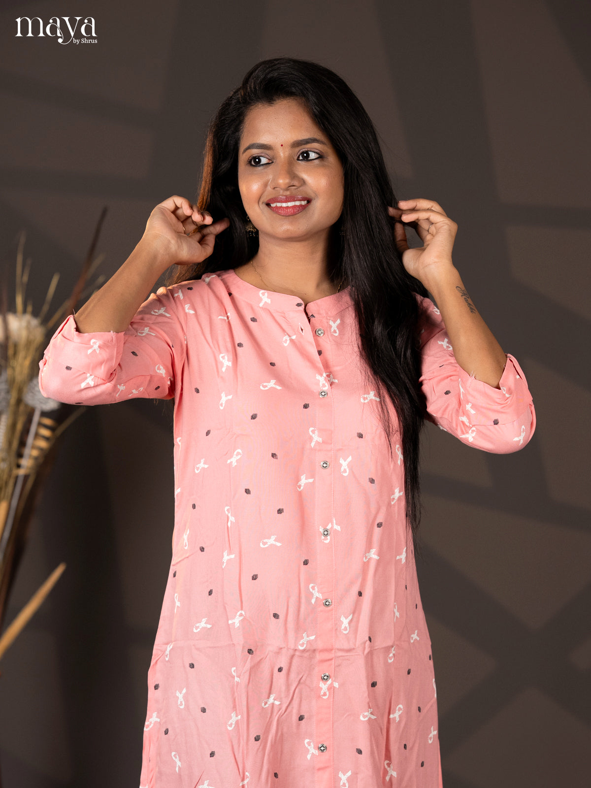 Light Pink Printed Rayon A- Line Kurti