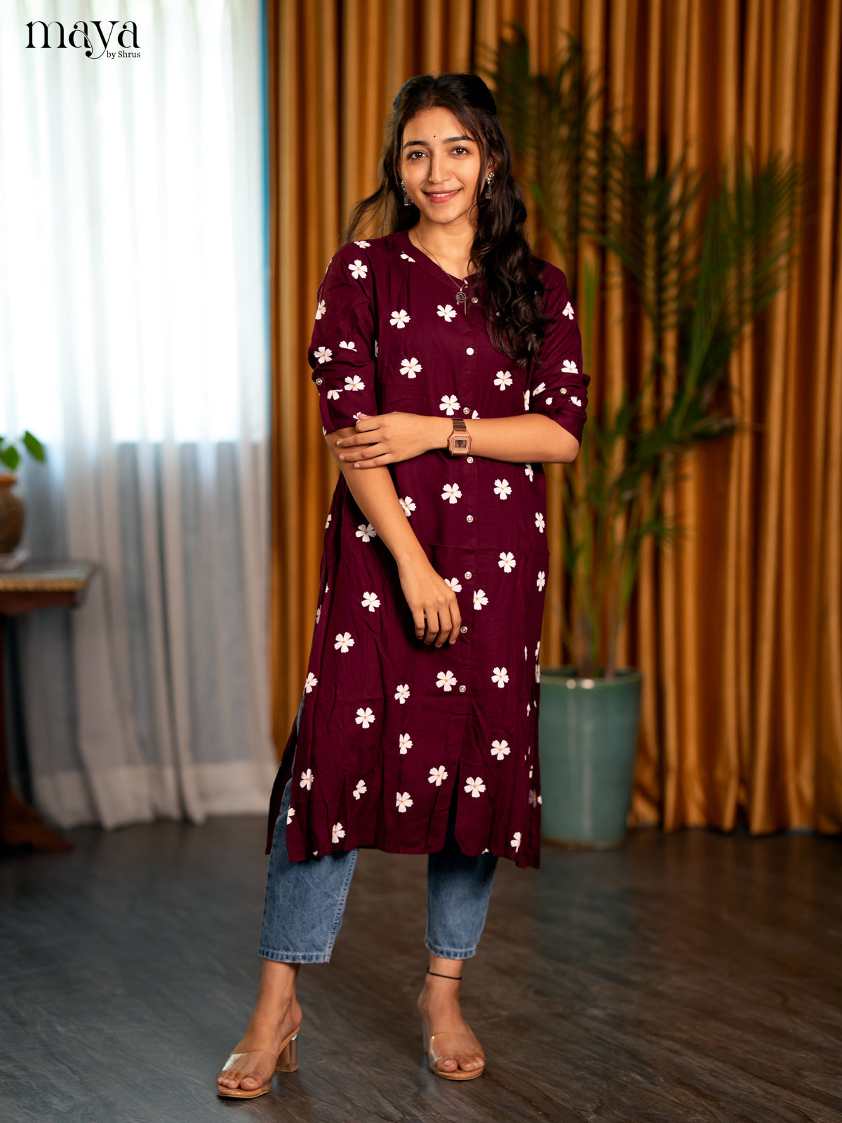 Wine Floral Printed Rayon A - Line Kurti
