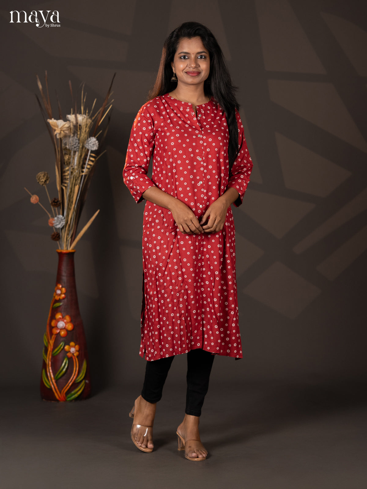 Dark Red Floral Printed Rayon A- Line Kurti