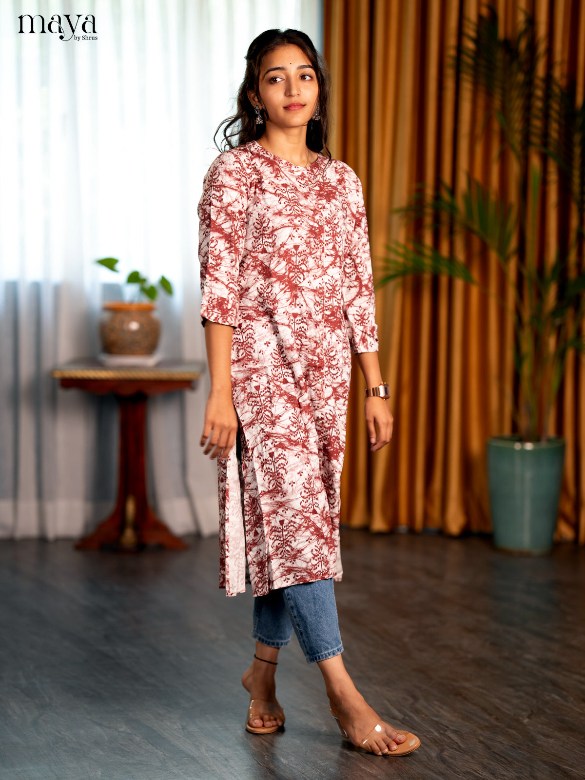White with Brown Printed Rayon A- Line Kurti