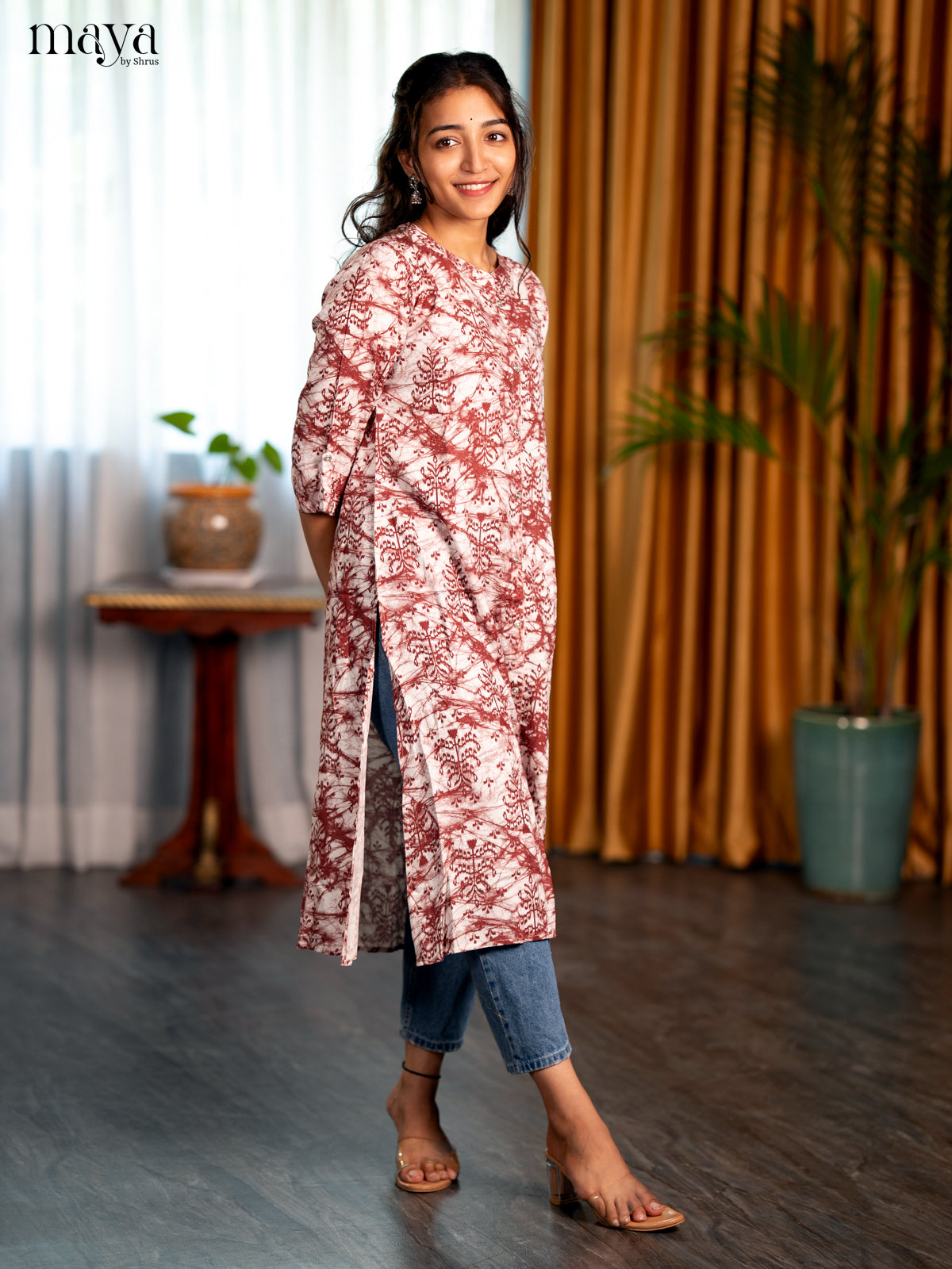 White with Brown Printed Rayon A- Line Kurti