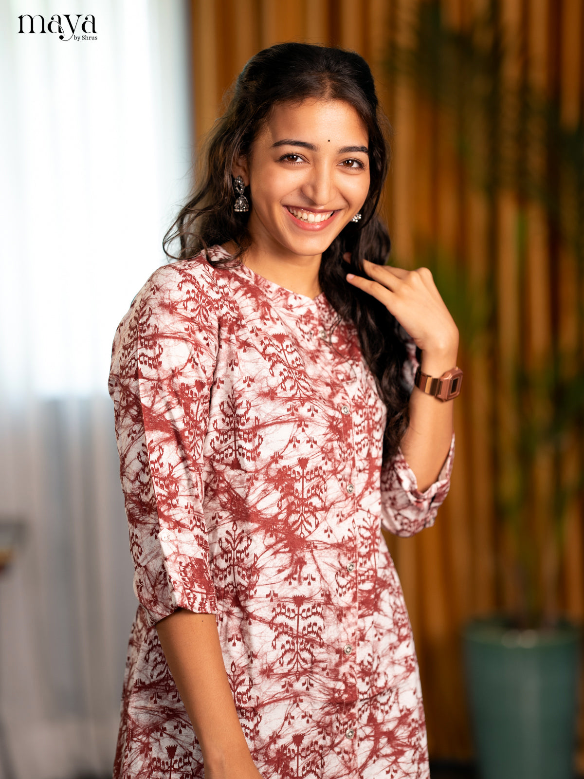 White with Brown Printed Rayon A- Line Kurti