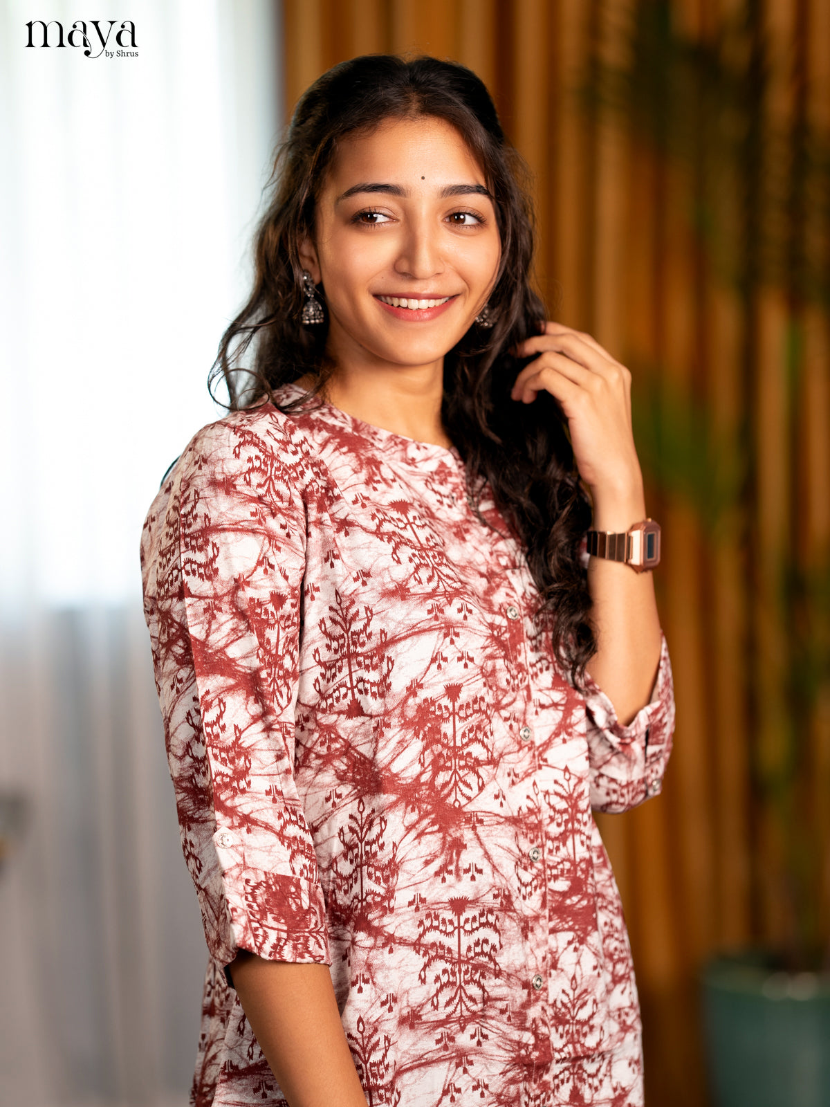 White with Brown Printed Rayon A- Line Kurti