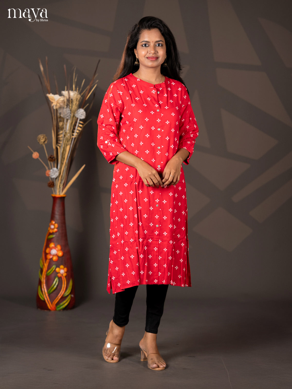 Red Floral Printed Rayon A- Line Kurti