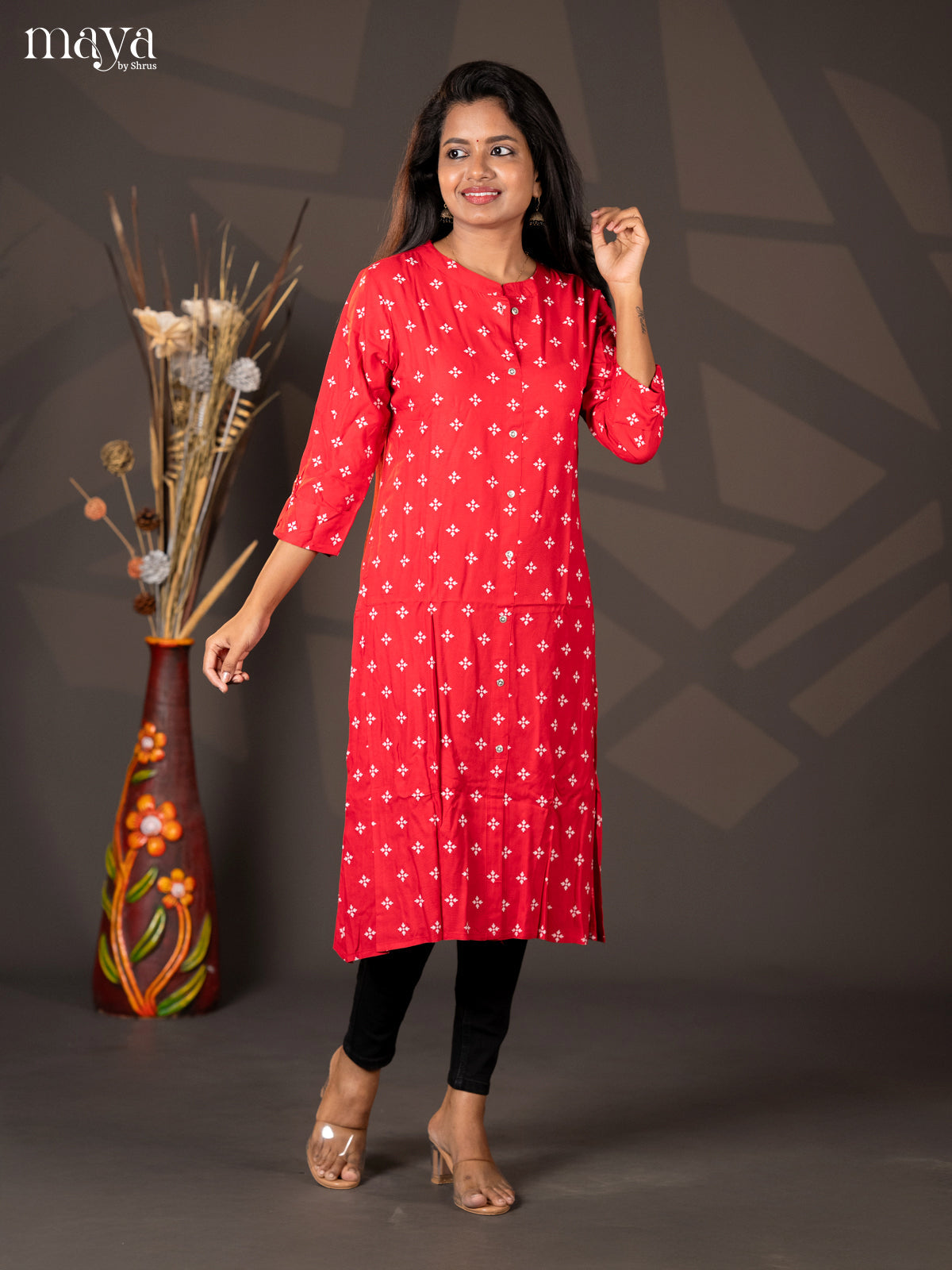 Red Floral Printed Rayon A- Line Kurti