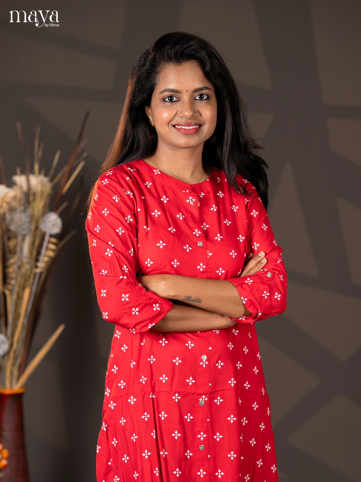 Red Floral Printed Rayon A- Line Kurti