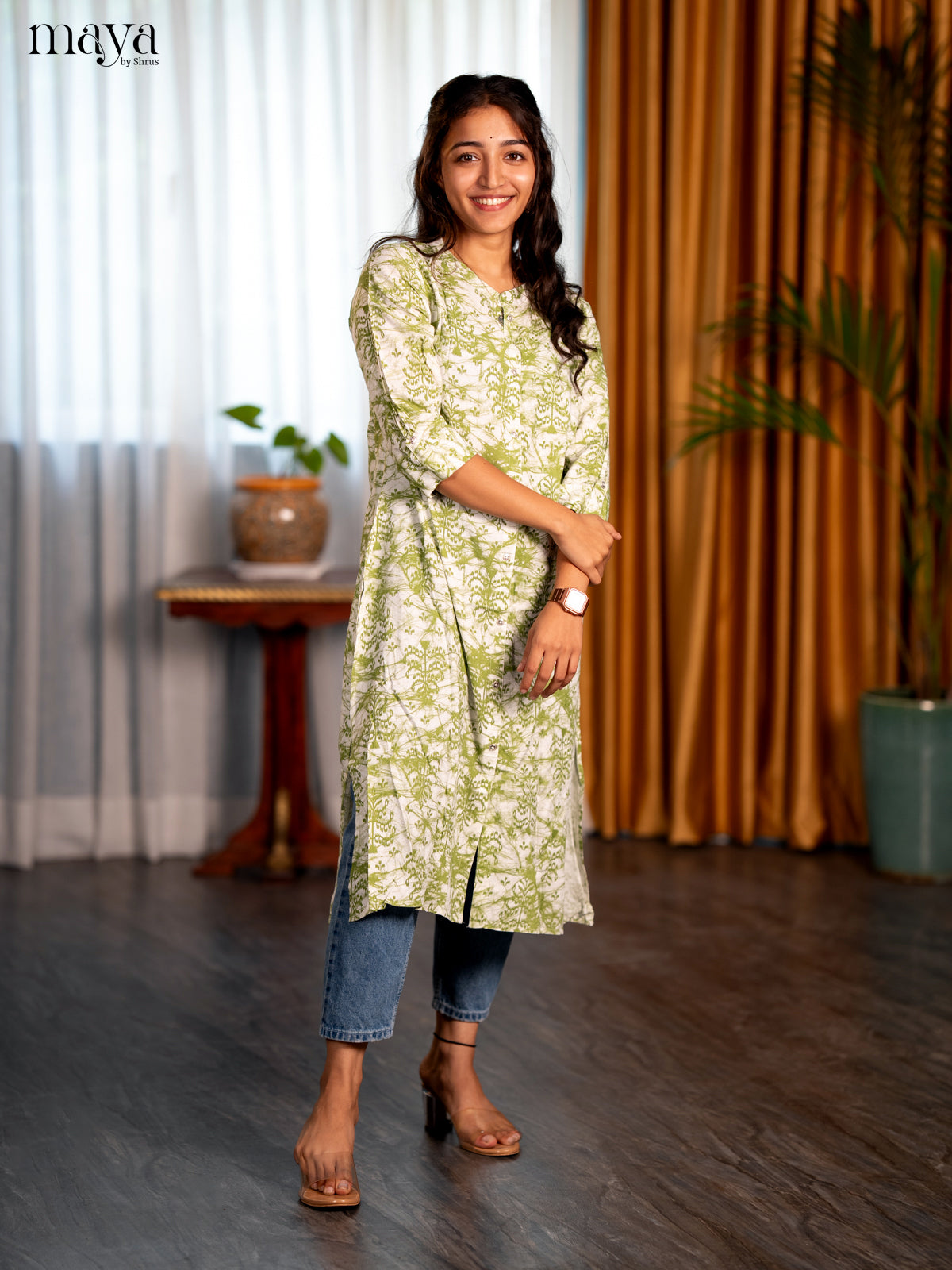 White with Green Printed Rayon A- Line Kurti