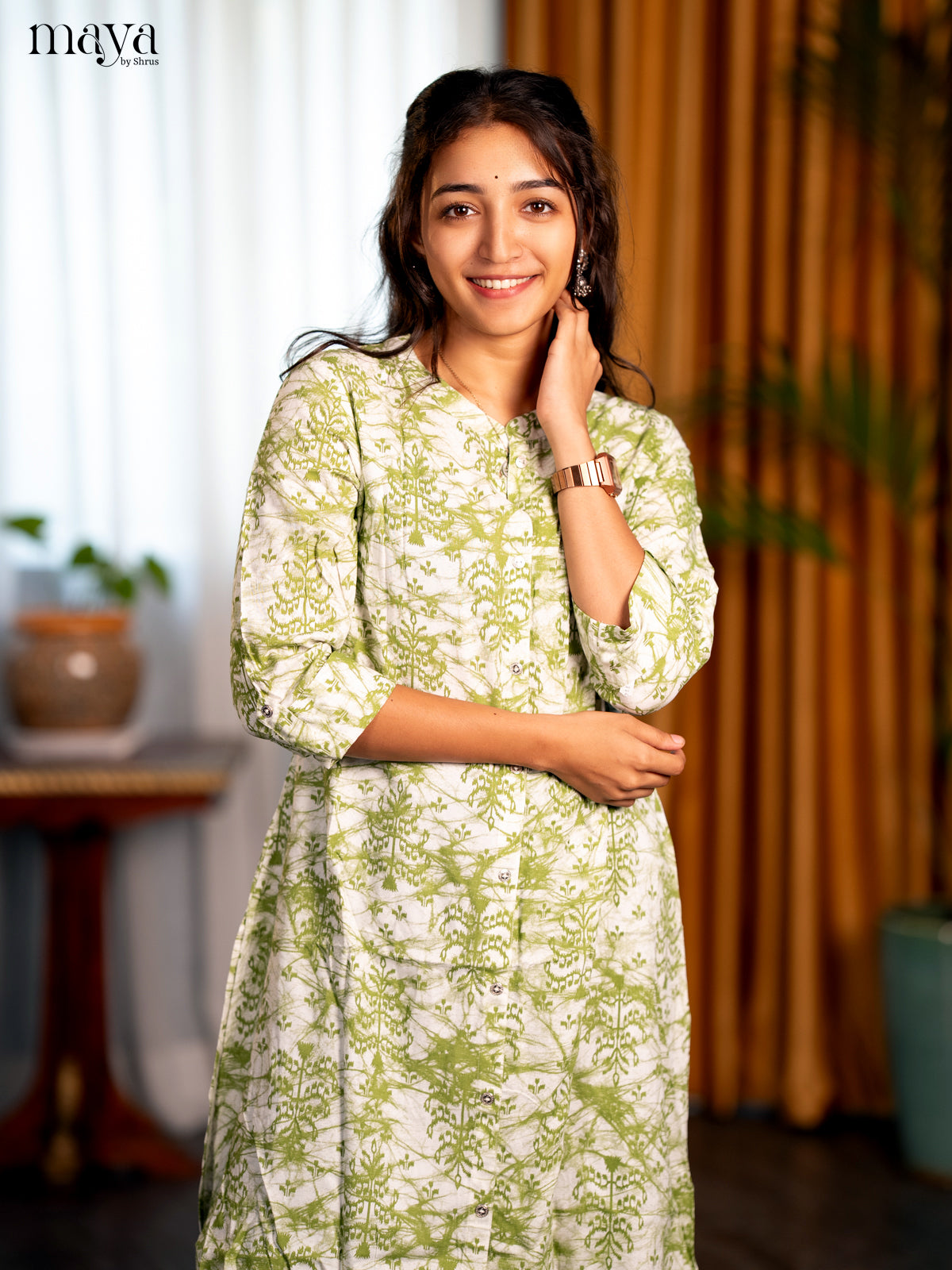 White with Green Printed Rayon A- Line Kurti