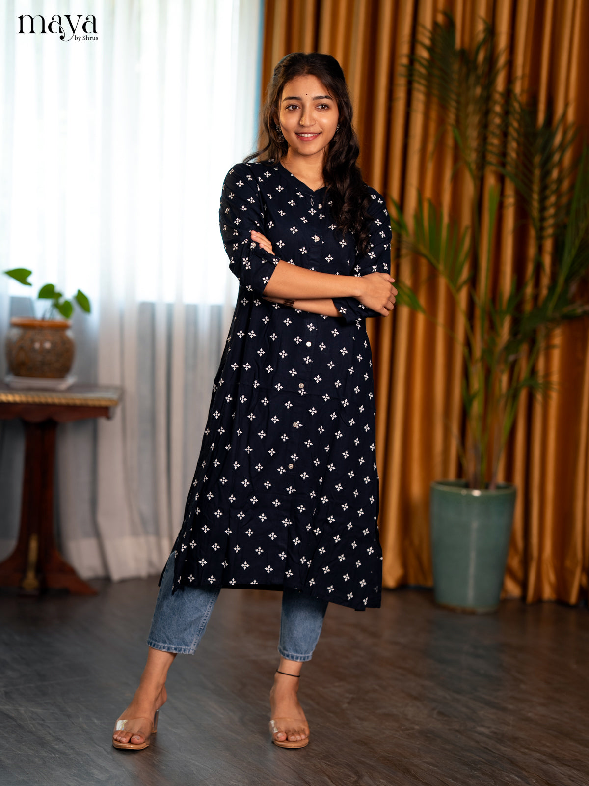 Black Floral Print Rayon A- Line Kurti