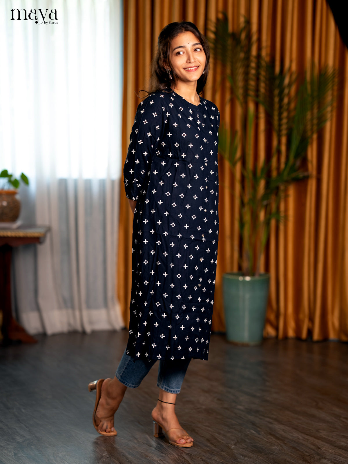 Black Floral Print Rayon A- Line Kurti