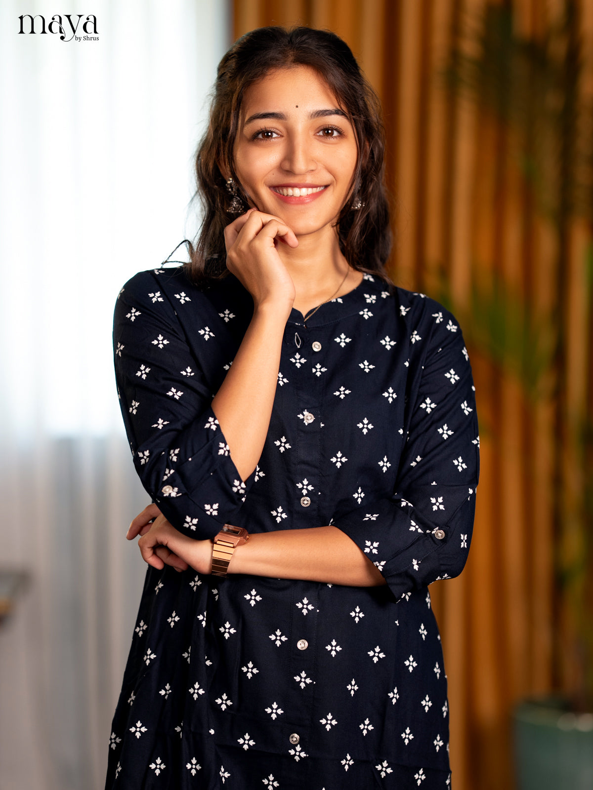 Black Floral Print Rayon A- Line Kurti