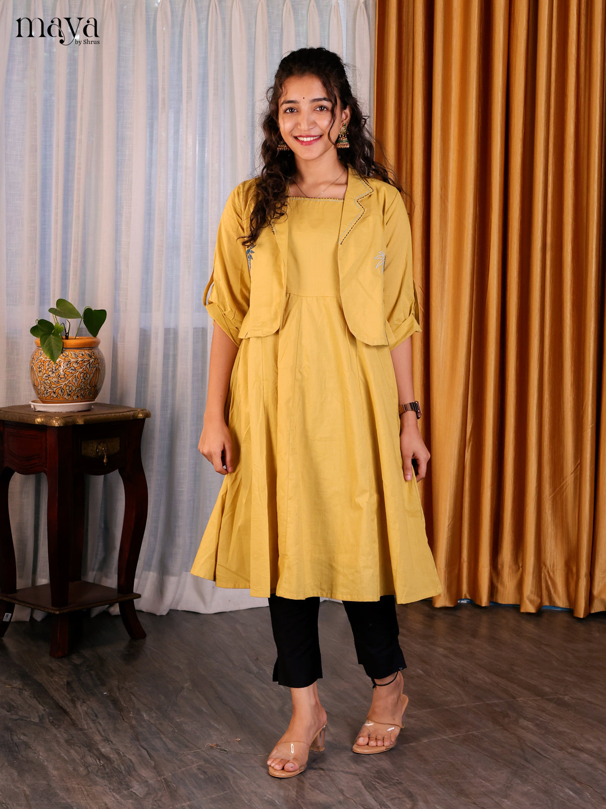 Mustard Solid Cotton Jacket Anarkali Kurti