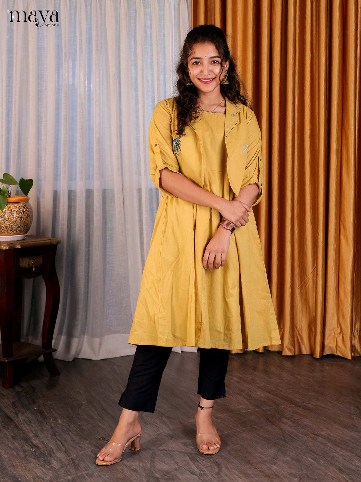 Mustard Solid Cotton Jacket Anarkali Kurti