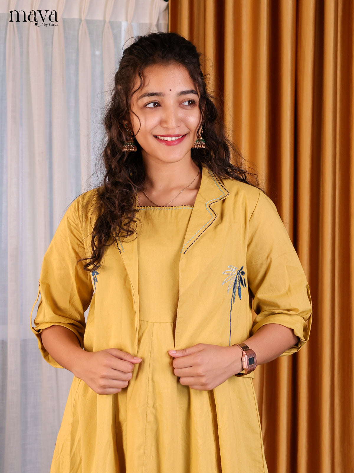 Mustard Solid Cotton Jacket Anarkali Kurti