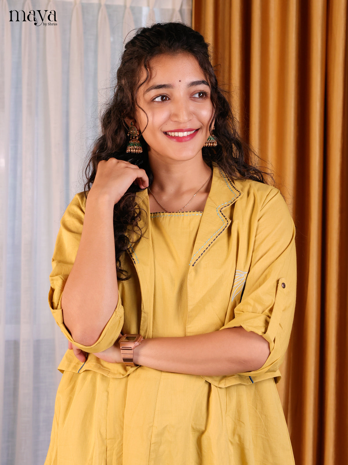 Mustard Solid Cotton Jacket Anarkali Kurti