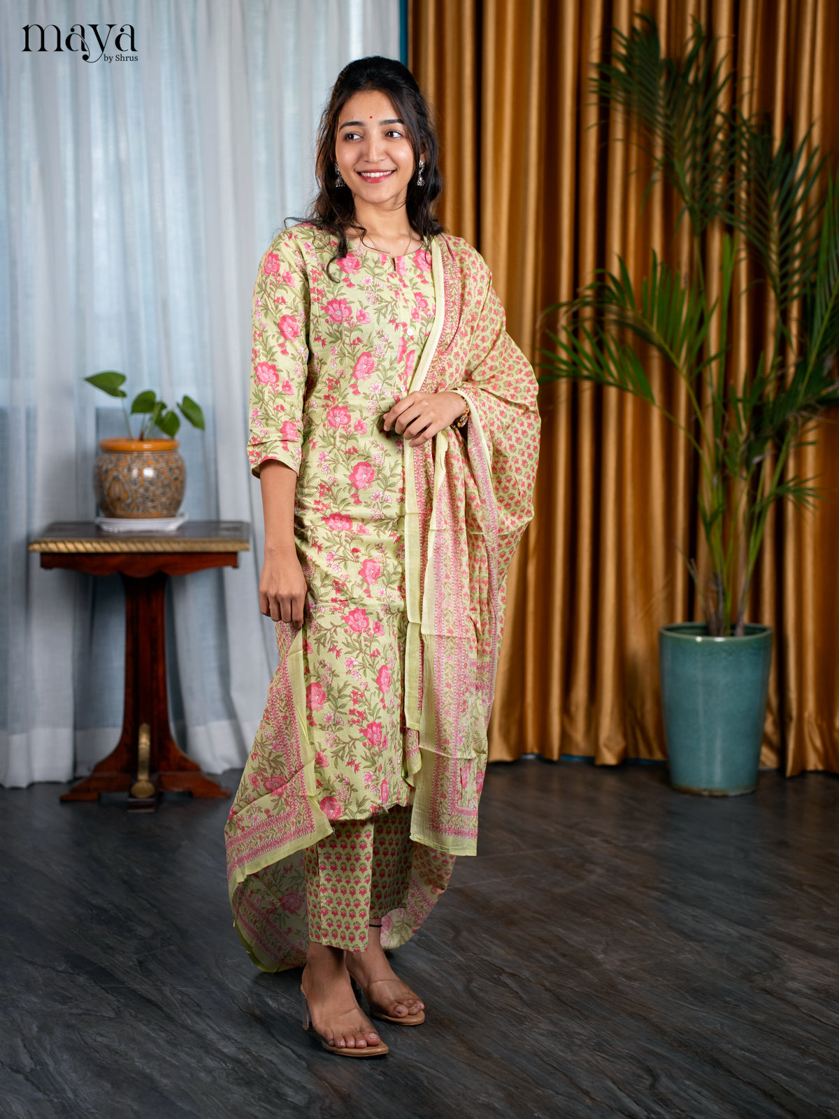 Pista Green Cotton 3pc Salwar Suit with Floral Print - Top, Bottom & Dupatta