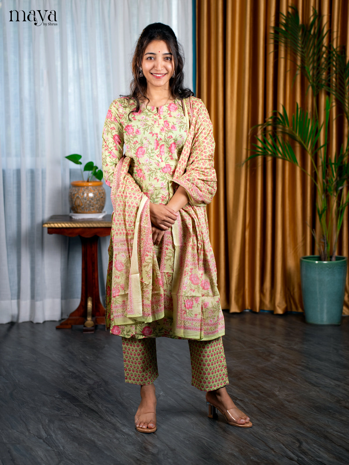 Pista Green Cotton 3pc Salwar Suit with Floral Print - Top, Bottom & Dupatta