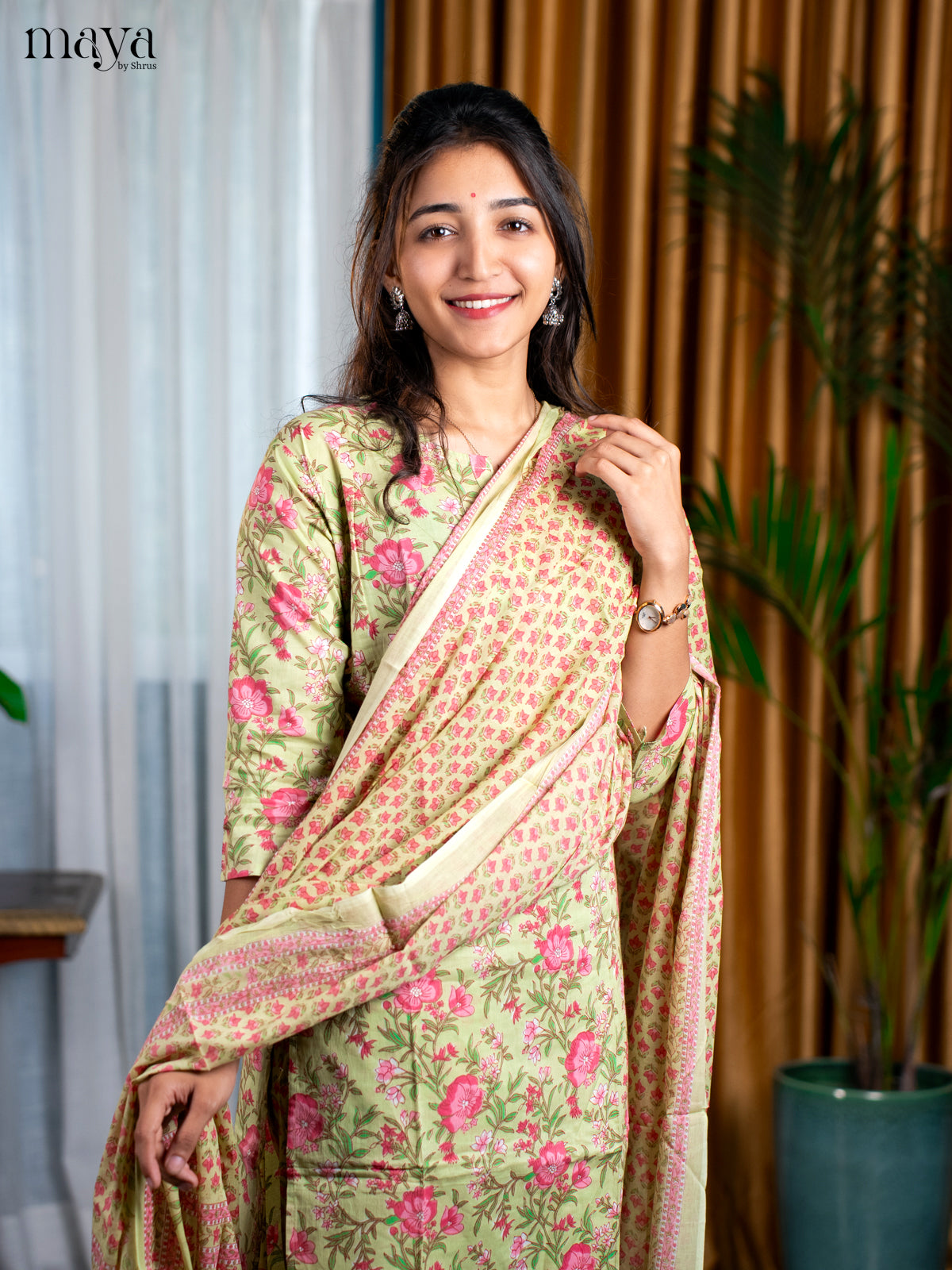Pista Green Cotton 3pc Salwar Suit with Floral Print - Top, Bottom & Dupatta