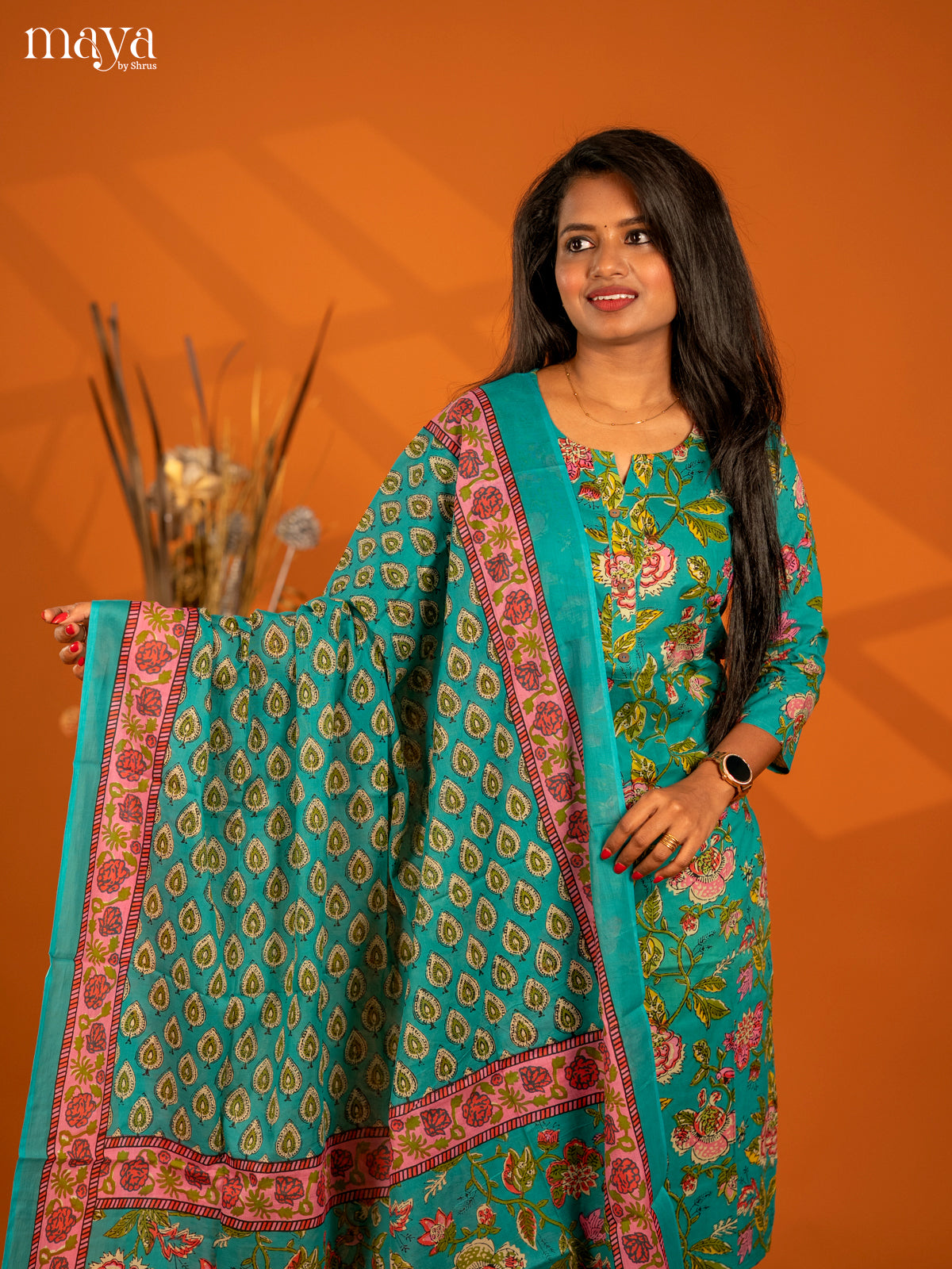 Teal Green Cotton 3pc Salwar Suit with Floral Print - Top, Bottom & Dupatta
