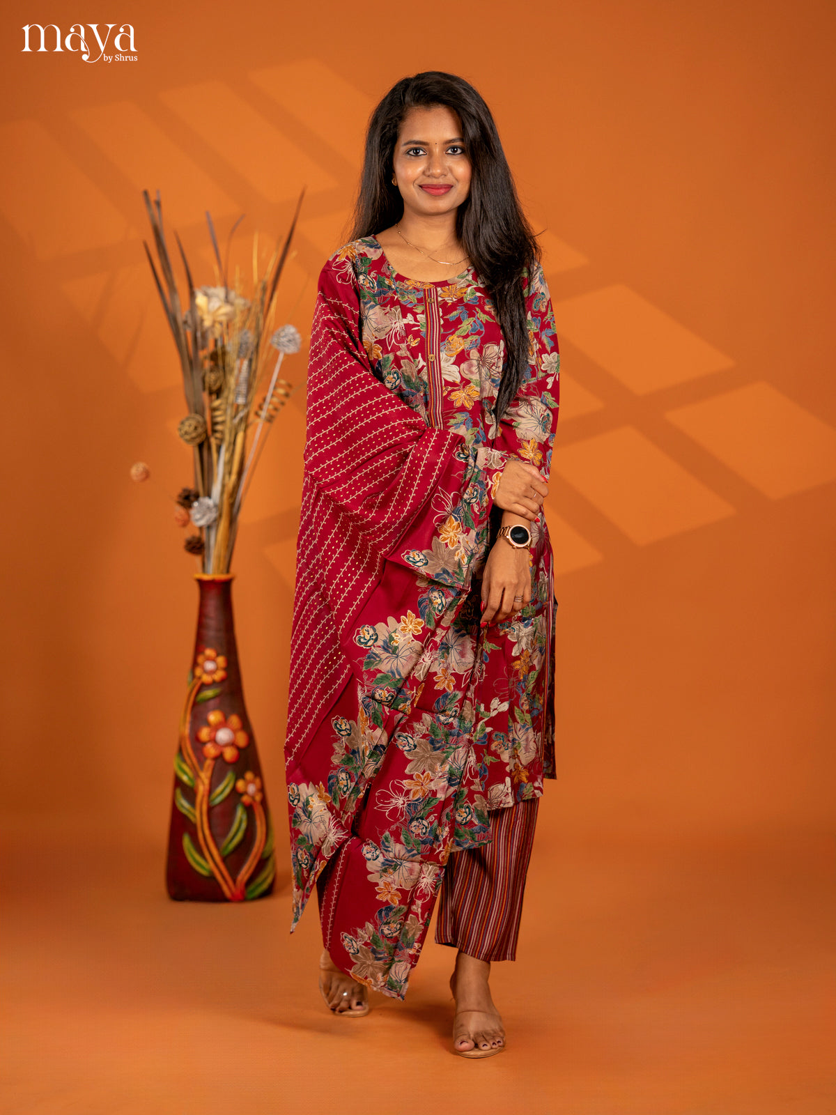Maroon Grape 3pc Salwar Suit with Floral Print - Top, Bottom & Dupatta